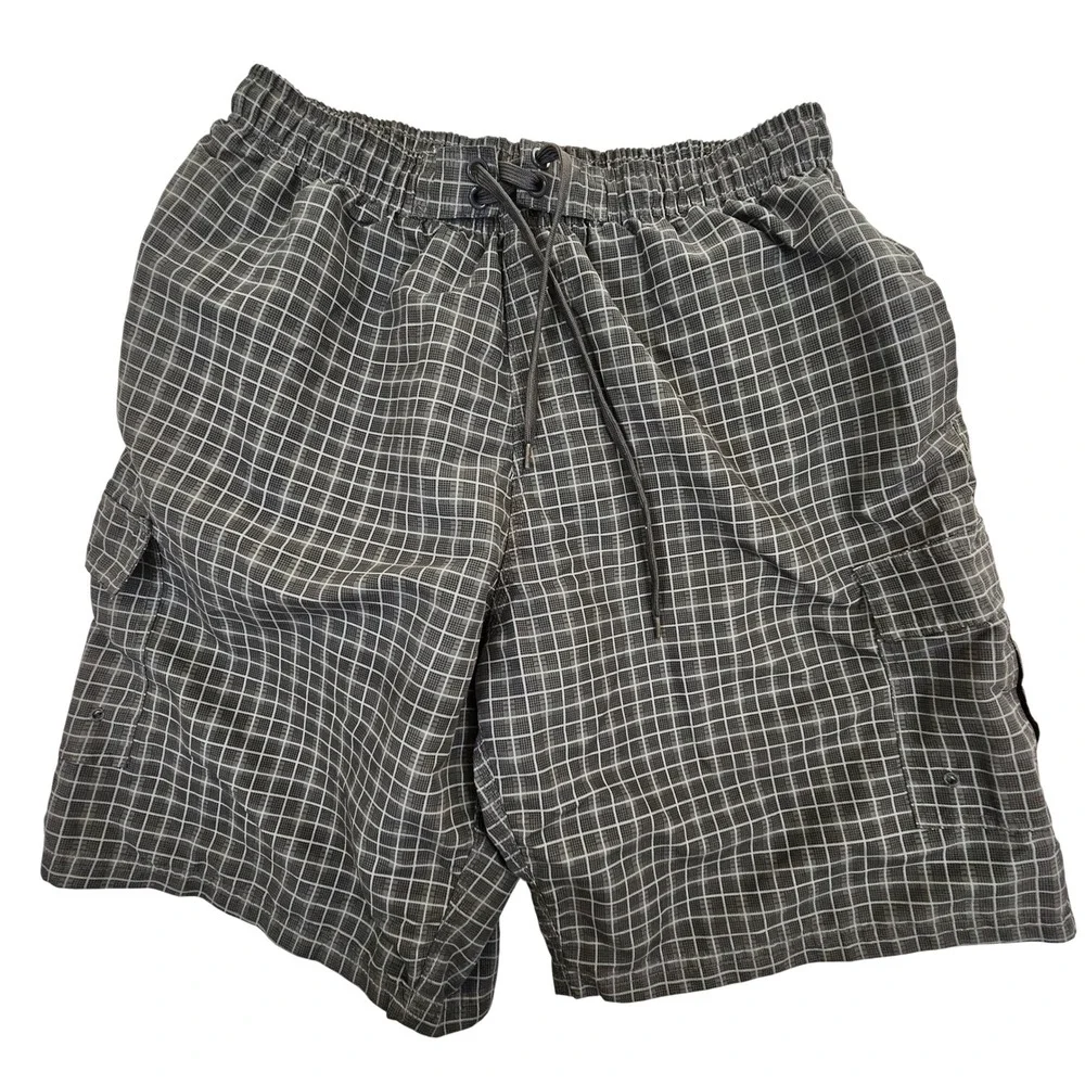 RS‎ Surf Mens Board Shorts Grey White Grid Mesh Lined Cargo Swim Trunks Size L